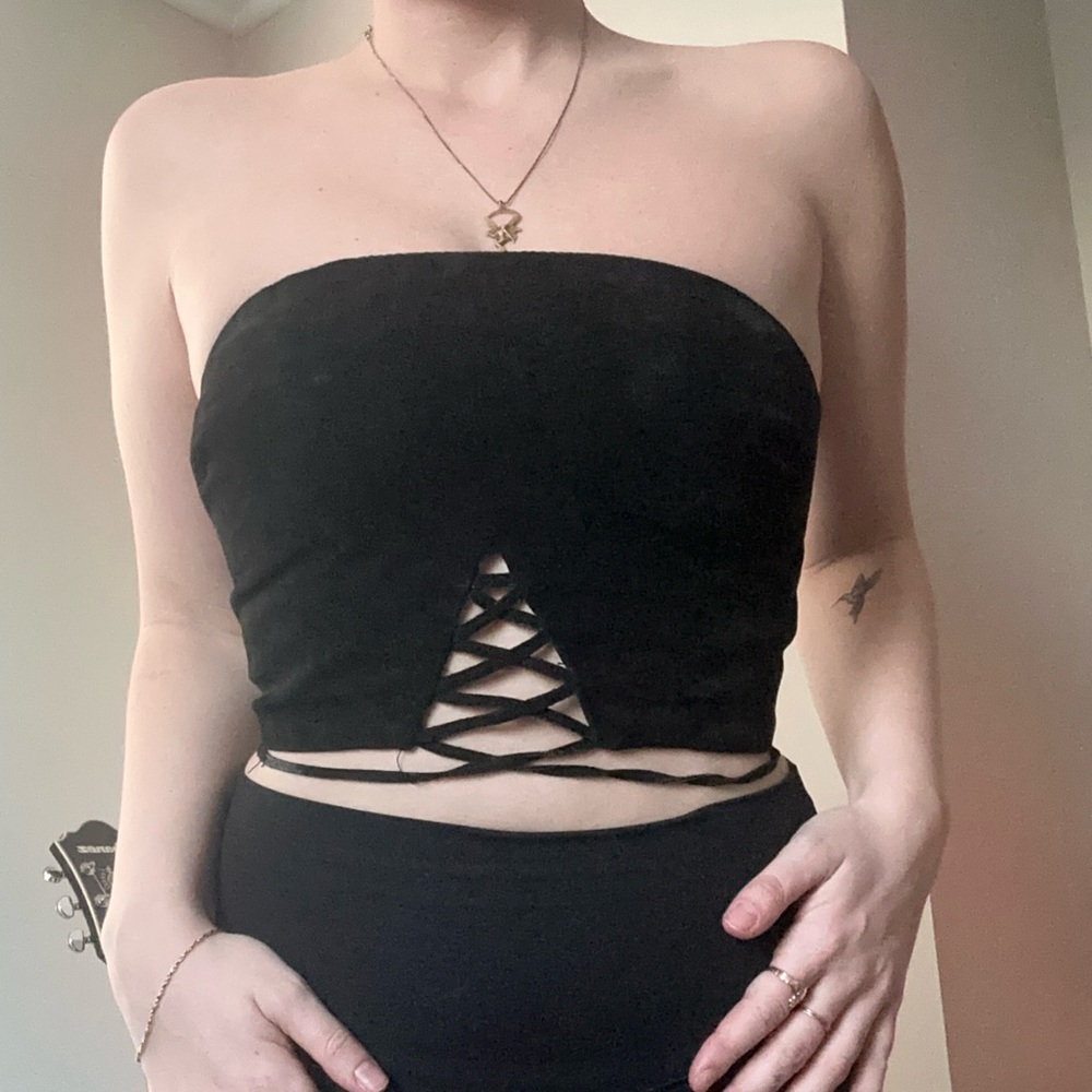 Suede Strapless Lace-Up Black Crop Top